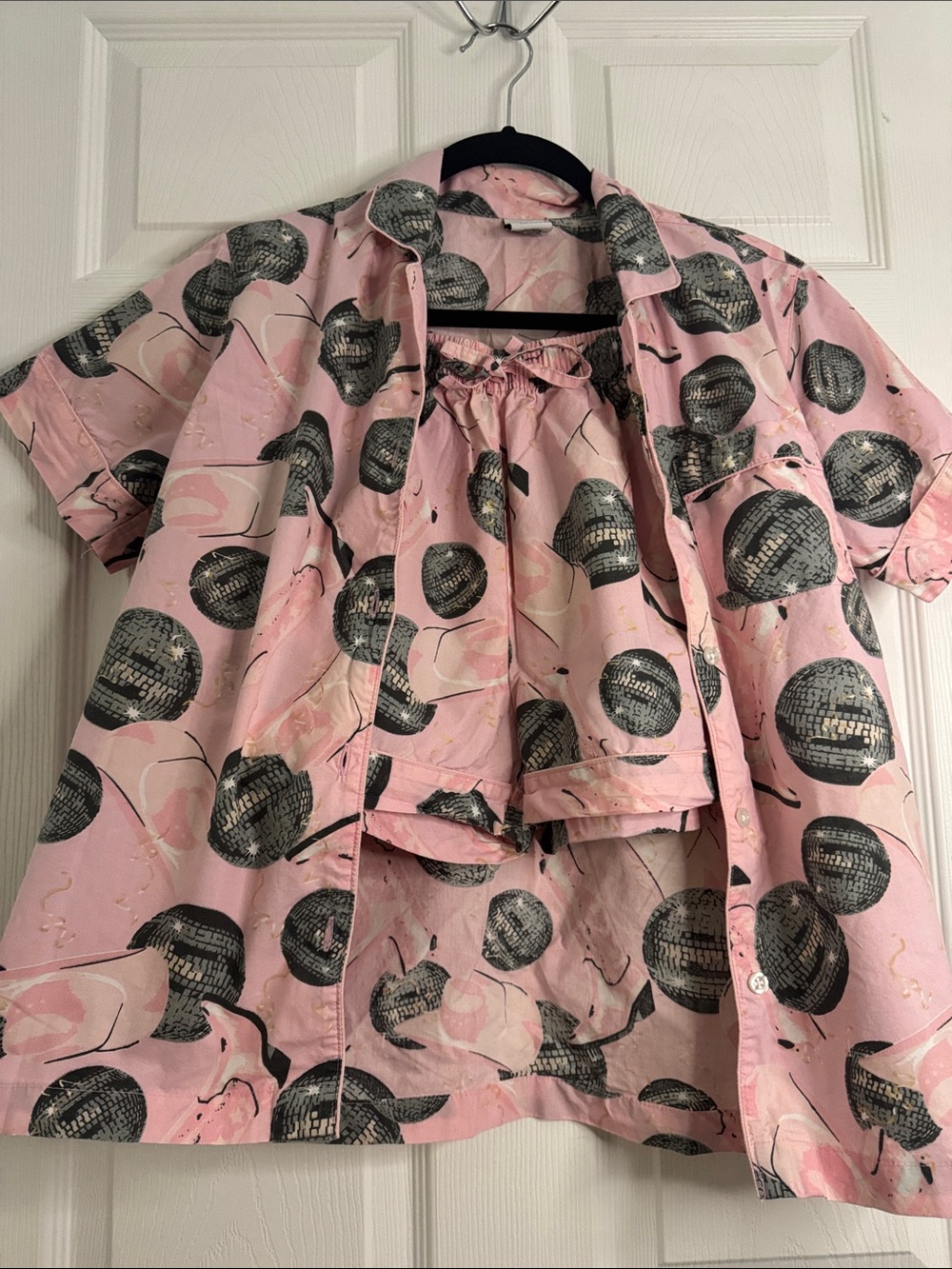 Disco Ball Pink Printed Pajama Set - Relaxed Short Sleeve Top & Shorts
